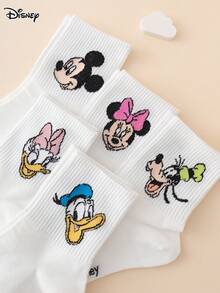 Disney 5雙迪士尼系列女款中筒襪，米奇、米妮、唐老鴨、黛絲朵卡卡通圖案，趣味運動風，四季適用，歐美尺寸，舒適透氣耐穿，色彩豐富，適合日常穿著，優質面料不悶腳 - 彩色 - 查看 4