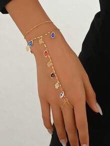 2pcs Gold Tone Finger Chain Mysterious Evil Eye Tassel Hand Chain, Charming Jewelry Accessory Suitable For Daily Wear And Party/Holiday, Handmade Colorful Beads On Chain Are Randomly Distributed - Multicolor - View 1