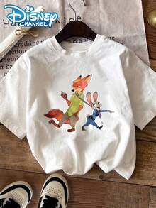 Disney Officially Licensed 100% Cotton T-Shirt, Unisex Short-Sleeve T-Shirt, Disney Zootopia - Judy Hopps Nick Wilde Pattern Print Women's T-Shirt, Casual Round Neck Short Sleeve Shirt, Suitable For Daily Wear - 白色 - 查看 6