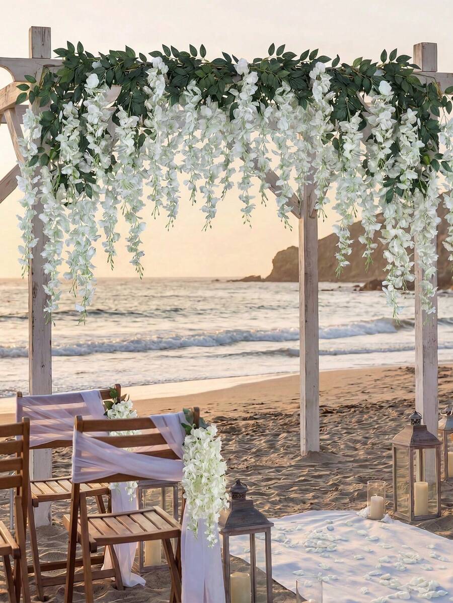2-Pronged Bean Flower Artificial Vine 100cm 1set(6pcs) Silk Fabric Suitable For Spring, Summer, Autumn, Winter All Seasons Room Decoration, Wedding Arch Decoration, Home Decoration, Outdoor Yard Decoration, Ceiling Hanging Decoration - Two-pronged White Tofu Pudding, 6 Pieces - View 1