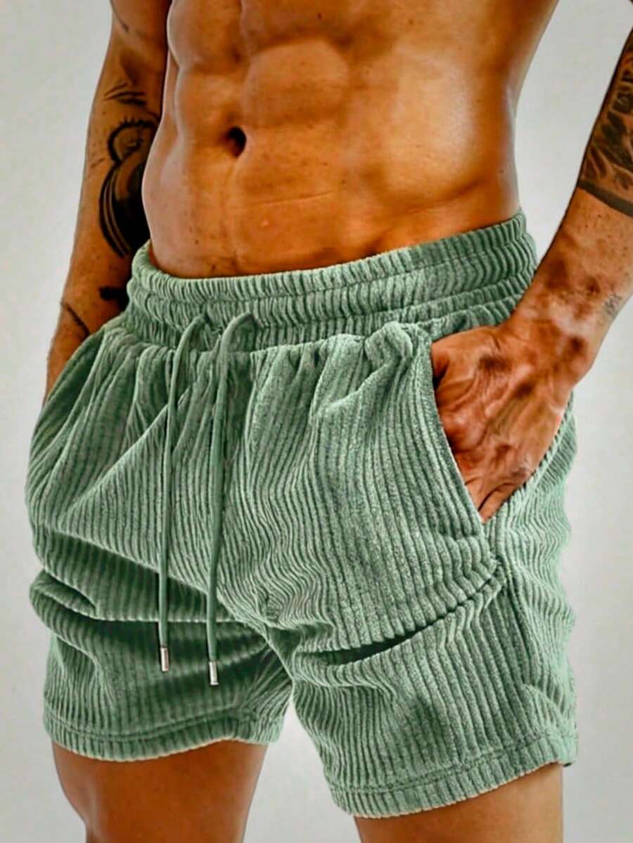 Men's Casual Sports Shorts, Made Of Corduroy Fabric, With Drawstring Waistband Design, Suitable For Workout - Mint Green - View 1