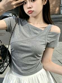 韓式風格夏季不對稱露肩 2合1 修身拼接短袖女款休閒T恤 - 灰色 - 查看 3