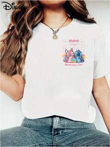 Genuine Licensed Birthday Celebration Stitch And Angel Printed Soft And Skin, Disney Cotton T-Shirt - 白色 - 查看 2