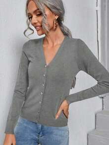 Blusa casual de manga larga con botones delanteros de unicolor para mujer, para uso diario, suéter de punto en otoño/invierno - Negro - Ver 8