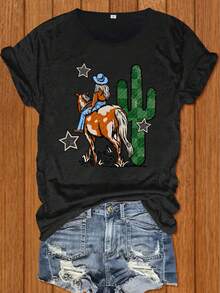 Women's Western Cowboy Print T-Shirt - Casual Short-Sleeve Crew Neck Top, Soft And Breathable, With Cactus And Riding Designs, Machine Washable, Ideal For Summer, Suitable For Home, Work, Parties, Casual Wear, Loose Fit With Comfortable Fabric. Adorable Animal Print | Fun Letter Print | Pairs Well With Streetwear | Summer Outdoor Or Everyday Wear | Daily Wear For Sweet Girls Or Students | Cool And Sweat-Free Summer Clothing - 黑色 - 查看 7