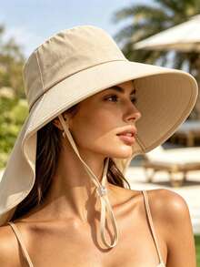 1pc New Neck-Protecting Sun Hat, Women's Sunscreen, Face & UV Protection, Large Brim, Casual Polyester Solid Color Outdoor Hat, Suitable For Spring/Autumn Outdoor Activities & Gatherings - Multicolor - View 8