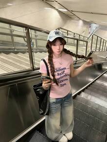 女款修身美式街頭風短袖T恤，極簡字母印花設計，顯身材粉色休閒上衣，適合夏季，Y2K風格 - 粉色 - 查看 5