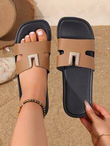 Sandales de sport décontractées pour femmes, pantoufles de plage pour l'extérieur, claquettes souples confortables antidérapantes, pantoufles de marque, couleur unie minimaliste - Tabac - Voir 6