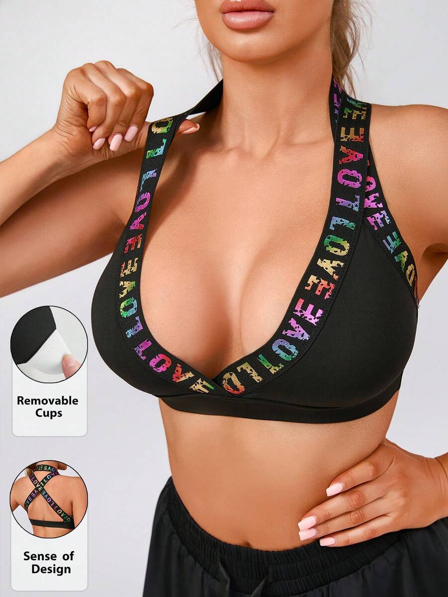 Women's Fashion V-Neck Removable Padded Criss-Cross Strap Sports Knit Bra - Black - View 1