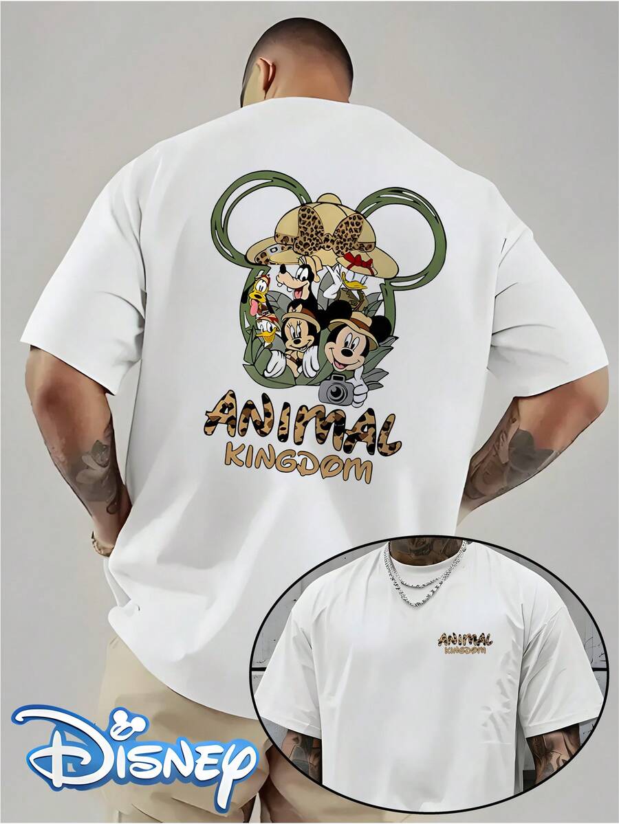 Disney Animal Kingdom Mickey Mouse Pattern Pure Cotton T-Shirt, Men's Round Neck Short Sleeved Casual T-Shirt, Summer Streetwear Top - trắng - Xem 1