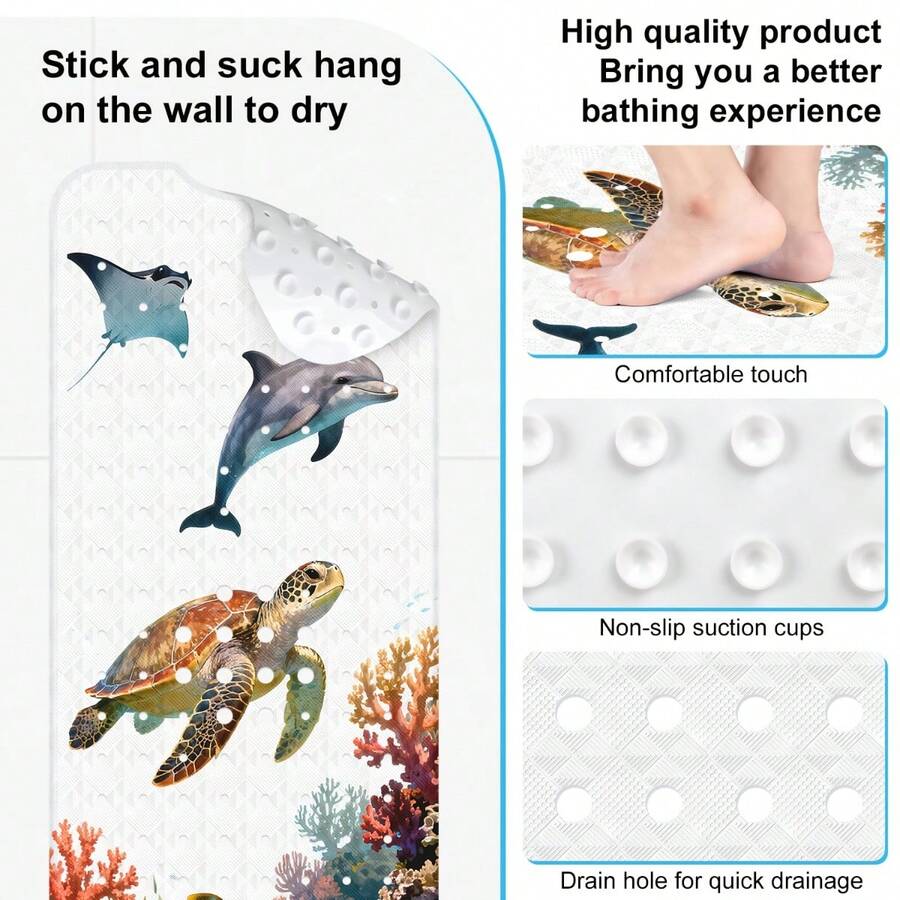 1pc PVC Thickened Non-Slip Bathroom Mat, Watercolor Underwater Coral Sea Turtle Dolphin Stingray Print With Suction Cups, Foot Massage Mat, Bathroom Pool Elderly Pet Universal Wear-Resistant Easy Clean Anti-Slip Bath Mat - View 1