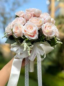 10-Inch Heart Crystal Bridal Bouquet, Lace Bow Silk Rose Wedding Ceremony Prop, Graduation Prom Gift - Multicolor - View 14
