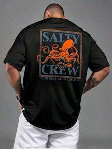 Camiseta de manga corta para hombre Salty Crew con estampado de pulpo azul y naranja, estilo casual para festivales de verano, transpirable y lavable. - Negro - Ver 6