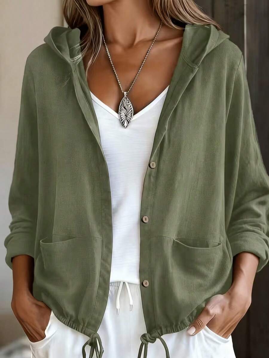 Women's Green Long Sleeve Hooded Lightweight Jacket, Button Front, Perfect For Autumn/Winter Wear. - Army Green - View 1