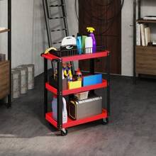 Tool Trolley With 3 Levels, Metal Frame, 120 Kg Load Capacity, Wheels, Handle, Red - 1PC - View 3