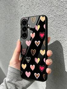 1pc High-Definition Colorful Heart Pattern Luxury Glass Phone Case, Compatible With Galaxy S26Ultra/S26PLUS/S25Ultra/S24/S23 Ultra/A16/A56/A55/A35/A34/A33/A25, 10pro/9/8/7, Fashionable Niche Design, Ideal Gift For Christmas, Valentine's Day, Easter, Wedding Season, Graduation Season, Vacation Season, Back To School Season, And Birthdays - Black - View 3