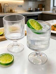 1個玻璃高腳杯，條紋設計杯身，適用於居家廚房、餐廳酒店、雞尾酒杯、飲料杯 - 透明 - 查看 6