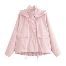 ZAHM Pink Hooded Utility Jacket, Drawstring Waist Casual Versatile Outerwear - Pink - View 9