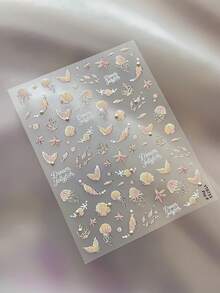 1张梦幻美人鱼美甲贴纸，精致的水母、海星和尾巴图案，搭配草书“梦幻水母”字样，时尚自粘贴纸，打造清新甜美的美甲造型 - 彩色 - 查看 2