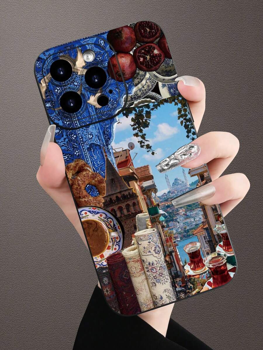 Moroccan Culture Collage With Traditional Food, Textiles And Arabic Calligraphy Pattern Design Theme Luxury Shockproof Aesthetic Cute Phone Case,Lens Protrusion Protection , Compatible With For IPhone 17/17Pro/17Pro Max, 16,15,14, 13, 12, 11 Plus/Pro Max And Series,And Compatible With For Galaxy S/A Series -, Gift For Easter Day, Christmas Halloween Decoration/Gift For Birthday, Girlfriend, Boyfriend, Friend Or Yourself. - Black - View 1