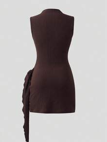 Vestido entallado de un solo color con botones metálicos, adelgazante, nuevo primavera‑verano 2026 europeo‑americano - Marrón - Ver 2
