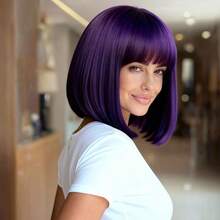 12 Inch Purple Short Straight Wig With Bangs, Natural Fluffy Straight Hair Style, Adjustable Wig Cap Suitable For All Women, Halloween Party Cosplay And Daily Wear - Purple - View 6