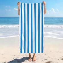 1 pieza Toalla de playa de microfibra súper absorbente con estampado de rayas azules y blancas a una cara, adecuada para viajes, natación, buceo, surf, yoga, camping - Azul y blanco - Ver 3