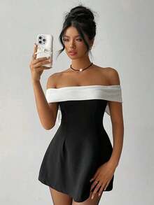 dfgAloruh Vestido de escote caído negro y blanco con moño, estilo Fairycore para el Día de San Valentínafd BPIX - Blanco y Negro - Ver 5