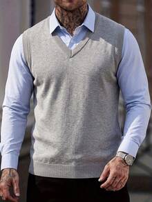 Chaleco de punto sin mangas para hombre, cuello en V, color liso, estilo minimalista versátil, para uso diario, casual y oficina, ideal para capas - Gris - Ver 5