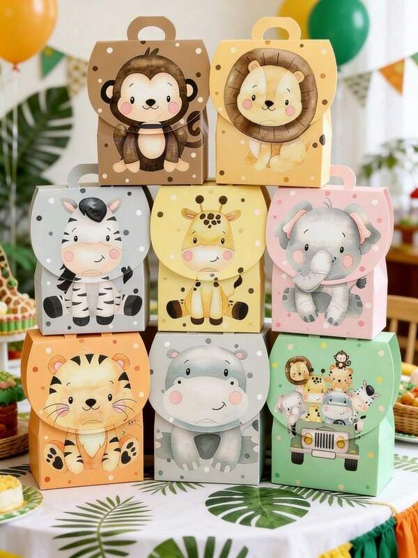 8pcs Jungle Animal Gift Boxes With Handles, Handheld Gift Packaging Boxes, Wild Animal Theme Birthday Party Gift Bags, Baby Shower Party Gift Packaging Supplies, Newborn Party Dessert Chocolate Candy Bags, Snack Bags Gift Bags, Welcome Baby Party Table Decor, 1st Birthday Party Supplies, Birthday Party Decorations, Birthday Decor, Baby Shower Decor, Gender Reveal Decor, Birthday Gifts, Jungle Party Decor, Back To School