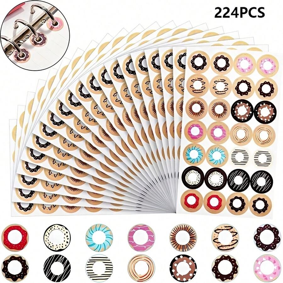 224PCS Donut Themed Hole Reinforcement Stickers, Self-Adhesive Paper Reinforcer Labels, Decorative Reinforcement Rings For 3-Ring Binders, Loose-Leaf Notebooks, Planners, Journals & Documents, Assorted Cute Donut Designs, Waterproof & Durable, Easy To Apply, Prevent Paper Tearing, Ideal For Journaling, Scrapbooking, Office Filing & School Organization, Perfect For Protecting Pages On Loose-Leaf Rings - A - View 1