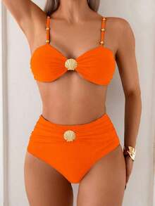 Swim Chiccia Conjunto de bikini marrón de cintura alta con control de abdomen, correa con cuentas y hebilla de metal elegante para vacaciones de mujer, primavera/verano 2025 - Negro - Ver 10