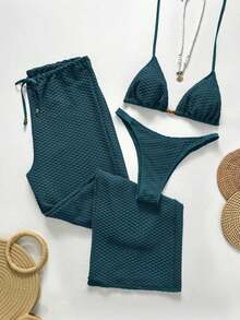 Swim Chiccia Conjunto de bikini de 3 piezas con cobertura y pantalones, de unicolor, de malla hueca para mujer, para vacaciones de verano en la playa - Azul 2 - Ver 1