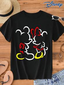 Disney 1pc Men's Short Sleeve T-Shirt, Loose Fit, Mickey Mouse And Minnie Mouse Graphic Print, Round Neck, Slightly Elastic - Black - View 3
