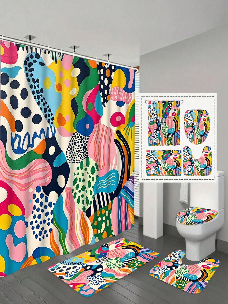 1/4pc Abstract Art Shower Curtain Set, Multi-Color Pop Art Print Bathroom Decor, Bathroom Curtain, Bathroom Accessories Including U-Shaped Mat, Toilet Lid Cover, 70.87X70.87 Inch Shower Curtain With Hooks, Modern Abstract Bathroom Decor