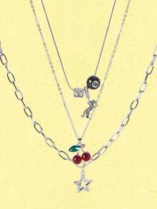 Popjeli Set Kalung Leopard & Cherry 3 Buah, Kalung Cherry Merah, Kalung Bintang Modis, Kalung Leopard Klasik - Perak - View 1