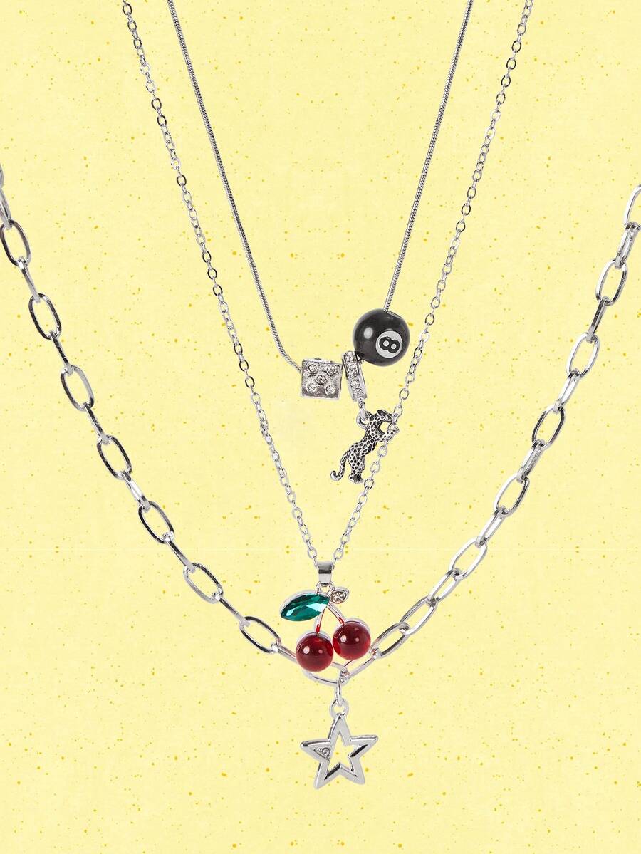 Popjeli Set Kalung Leopard & Cherry 3 Buah, Kalung Cherry Merah, Kalung Bintang Modis, Kalung Leopard Klasik - Perak - View 1