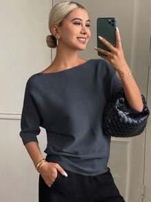 Blusa de punto de cuello barco de unicolor, ajustada, de manga corta, casual y elegante para mujer, otoño/invierno - Gris Oscuro 2 - Ver 5