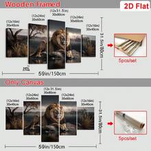 5 piezas de arte en lienzo sin marco con impresión abstracta moderna de león, decoración de pared de león, león majestuoso en su hábitat natural con agua reflectante y vegetación, lienzo con marco de madera para decoración de sala de estar, dormitorio, oficina, listo para colgar - león - Ver 2