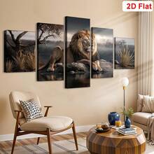 5 piezas de arte en lienzo sin marco con impresión abstracta moderna de león, decoración de pared de león, león majestuoso en su hábitat natural con agua reflectante y vegetación, lienzo con marco de madera para decoración de sala de estar, dormitorio, oficina, listo para colgar - león - Ver 4