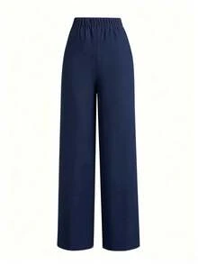 Black Pear-Shaped High Waist Buckle Design Slimming Casual Straight Leg Pants - Navy Blue - View 3