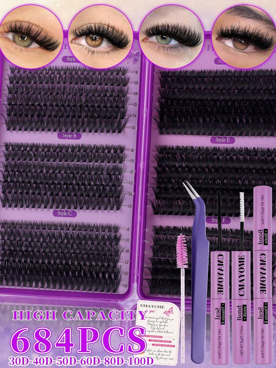 684pcs D-Curl Eyelash Clusters DIY Eyelash Extension Kit, 30D-100D Mixed Curl Individual False Eyelashes Set With Glue, Sealer And Tweezers, Beginner-Friendly Soft Fluffy Lashes For Daily, Date, Wedding, Party, Holiday Gift