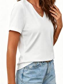 Loose V Neck Red Women's Tee Curved American Text Floating Star Strip Flag Print, Silky Smooth Top For Patriotic Anniversary Holiday Wear - 白色 - 查看 4