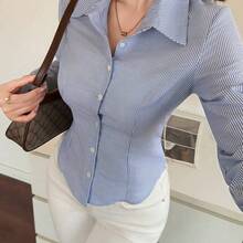Camisa de manga larga a rayas minimalista y casual para mujer - Caqui - Ver 7