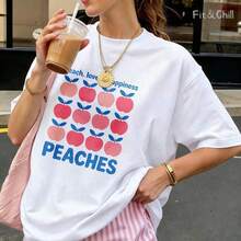 Women's T-Shirt Peaches Pattern With Blue Leaves Short Sleeve Crew Neck Casua Suitable For Spring And Summer - White - View 1