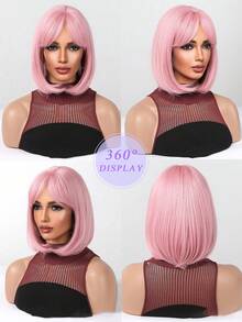 Women's Elegant Pink Bob Wig, Heat-Resistant Fiber, Straight Hair, Rose Net Cap, 100% Density, Suitable For Everyone - Versatile Pink Shoulder-Length Wig - 彩色 - 查看 9