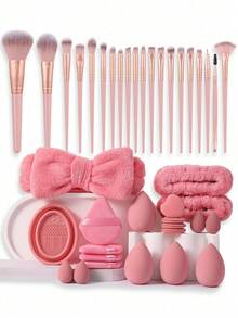 Set de 41 piezas de herramientas de maquillaje todo en uno, que incluye 20 brochas de maquillaje, bolsa de maquillaje impermeable, diadema, múltiples esponjas de polvo, esponjas de maquillaje, set de limpieza de brochas - Multicolor - Ver 11