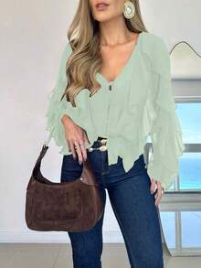 Blusa casual de gasa con cuello en V elegante, manga larga, con volantes y botones asimétricos, para el verano - Verde - Ver 2