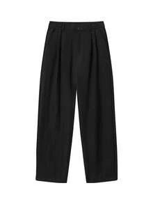Old Money Style Men's Black Pleated Wide Leg Pants, Elastic Waist Casual Straight Leg Trousers, Suitable For Office And Daily Wear - Black - View 2