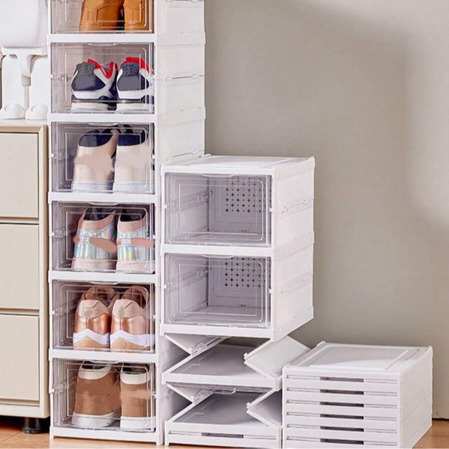 1pc No Assembly Required Foldable Plastic Shoe Rack Thickened Shoe Storage Box Transparent Storage Shoe Box Movable Shoe Cabinet - Multicolor - View 1